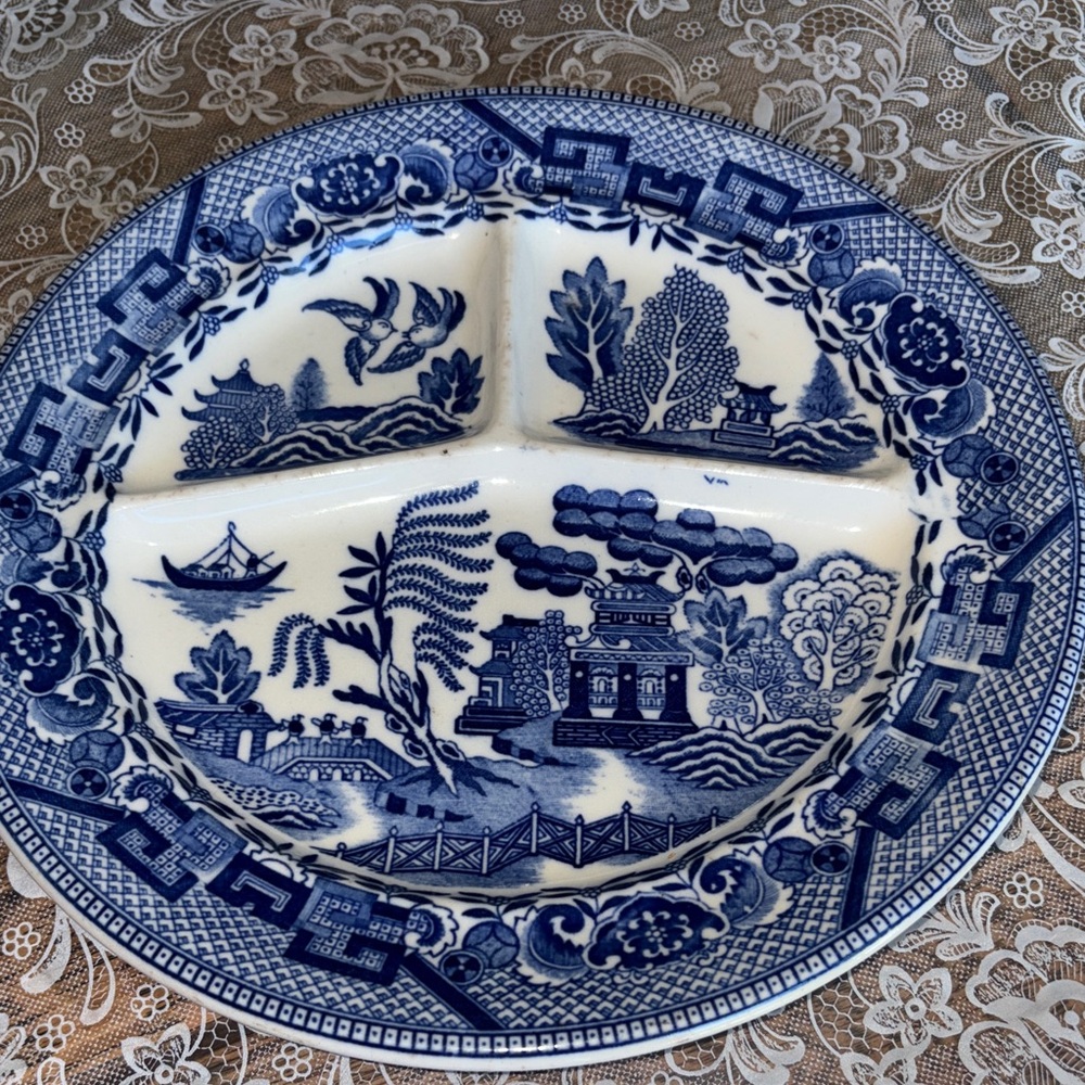 Cobalt blue on white divided large heavy dinner plate, willow ware $25